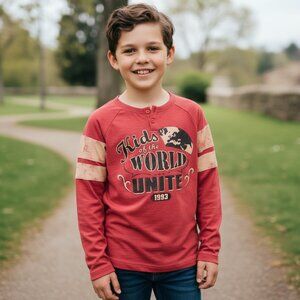 TEA COLLECTION Red Long Sleeve Tee Boys Girls 7 Kids of the World Raglan Henley